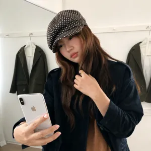 Koreanische Damen Polka Dot Newsboy Mütze, Herbst Winter Retro braune achteckige Maler Barette.