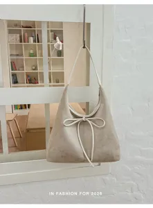 Stijlvolle suède schoudertas voor dames, grote shopper met strikdetail, casual onderarmtas.