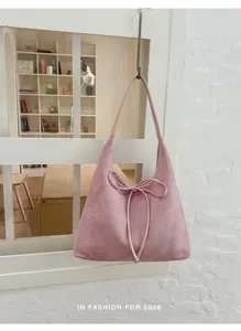 Roze suède hobo schoudertas voor dames, stijlvol strik design grote casual tote tas handtas.