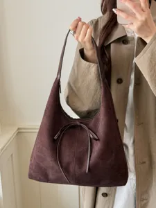 Dames Grote Capaciteit Schoudertas Suède Textuur Commuting Tote Tas Effen Kleur Strik Decoratie PU Leer Handtas