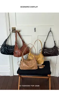 Korean style minimalist leather shoulder bag for women, casual commuter underarm handbag multi-color