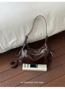 Korean style dark brown patent leather underarm shoulder bag for women, chic casual design.
