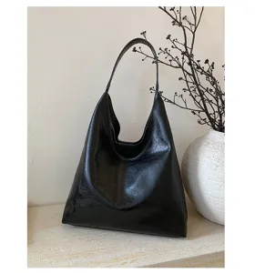 Zwarte glanzende PU lederen schoudertas, minimalistische casual grote dagelijkse tote tas.