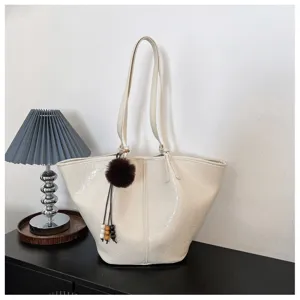 Vintage oil wax leather tote bag for women, large capacity casual shoulder bag with cute pom.