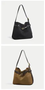 Minimalistische suède schoudertas detail, elegante hobo tas met chique metalen gesp.