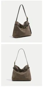 Bruine suède schoudertas voor dames, casual okseltas met riemdecoratie, stijlvolle handtas.