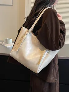 Stijlvolle Koreaanse oliegecoate lederen shopper voor dames, grote casual schoudertas.