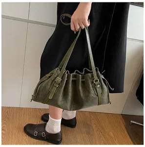 Retro grüne plissierte Kordelzug Umhängetasche für Damen, schicke Vintage Tasche für Alltag.