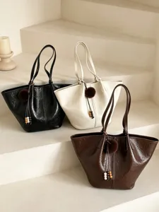 Vintage Oil Wax PU Leather Tote Bag For Women Large Capacity Shoulder Bag Fashion Underarm Casual Bucket Bag With Charm