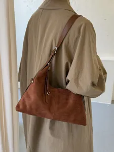 Koreaanse retro bruine suèdetas, stijlvolle casual schoudertas hobo tas voor dames dagelijks.
