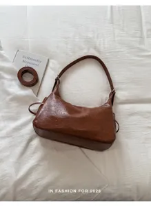 Classic brown PU leather underarm shoulder bag minimalist fashion casual commuter daily bag