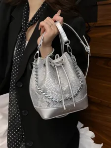 Vintage PU Leer Slangenpatroon Emmer Tas Met Koordsluiting Voor Vrouwen Retro Ketting Schouder Crossbody Tas Handtas