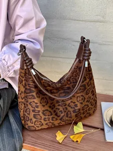 Dames Tote Tas met Luipaardprint Suède Look Grote Capaciteit Onderarm Tas Elegant Urban Minimalistisch Schoudertas