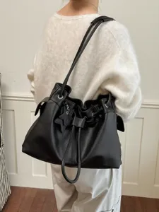 Koreaanse stijl zwarte PU lederen slouchy schoudertas vrouwen grote capaciteit tote.