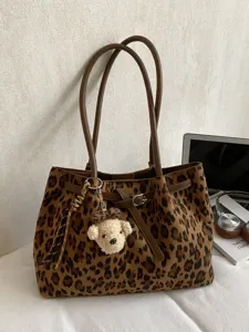 Dames Retro Luipaardprint Tote Bag Grote Capaciteit Imitatiesuède PU Leer Schoudertas Casual Handtas Voor Woon Werkverkeer