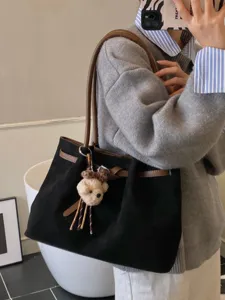 Retro suède shopper voor dames, grote schoudertas elegante handtas met leuke hanger.