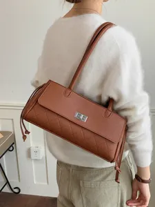 Dames Vintage Gewatteerde Schoudertas Retro Luxe PU Leer Baguette Tas Stijlvolle Grote Onderarm Handtas Voor Dames Dagelijks
