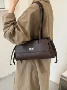 Retro donkerbruine gewatteerde schoudertas voor dames, elegante PU lederen baguette tas.