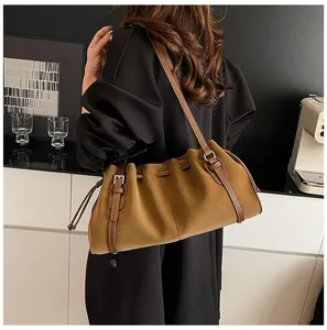 Retro Plissierte Damentasche mit Kordelzug, schicke elegante Schultertasche für den Alltag.