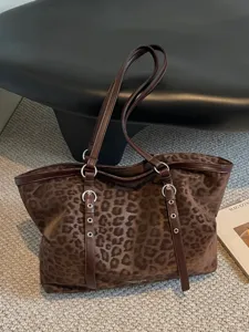 Retro Leopardenmuster Wildleder Tragetasche Damen Große Kapazität Casual Schultertasche Pendeln Handtasche Vintage Achseltasche