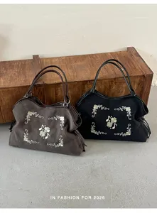 Koreaanse retro geborduurde tote bag, grote capaciteit casual schoudertas voor dames.