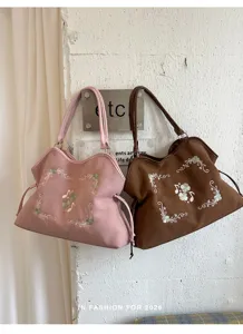 Koreaanse retro geborduurde shopper voor dames, grote capaciteit schoudertas voor dagelijks gebruik.
