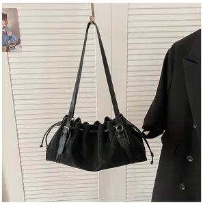 Schwarze geraffte Schultertasche für Damen, retro Kordelzug Hobo Bag, stilvolle Tasche.