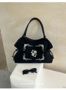 Zwarte vintage geborduurde shopper tas voor dames, casual schoudertas voor dagelijks gebruik.