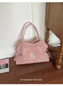 Koreaanse vintage geborduurde tote bag voor dames, grote capaciteit schoudertas.