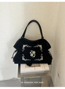 Retro geborduurde shopper voor dames, grote capaciteit schoudertas casual forens.