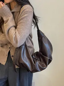 Dames Koreaanse Stijl Minimalistische Slouchy PU Lederen Schoudertas Grote Capaciteit Crossbody Hobo Tas Veelzijdige Dagelijkse Gestikte Handtas