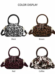 Vrouwen vintage geplooide luipaard handtas rond handvat schouder crossbody 4