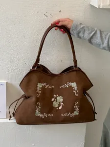 Vintage Suède Borduurwerk Tote Tas Voor Vrouwen Grote Capaciteit Schoudertas Koreaanse Stijl Bloemen Muzieknoot Woon-werkverkeer Okseltas