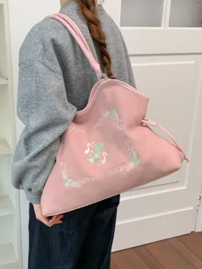 Koreaanse vintage geborduurde roze shopper tas voor dames, grote capaciteit schoudertas.
