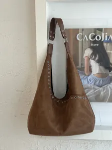 Vintage PU Leder Damen Schulter Tote Tasche Mit Großer Kapazität Retro Hobo Unterarmtasche Metallösen Schicke Pendler Handtasche