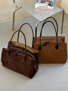Vintage Grote Capaciteit Suède Draagtas Voor Dames Retro Zachte Casual Schoudertas Stedelijke Eenvoudige Forens Okseltas Met Rits