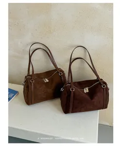 Bruine suède Boston schoudertas stijlvolle retro casual handtas voor dames dagelijks