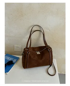 Bruine suède Boston schoudertas casual retro crossbody tas voor dames grote capaciteit