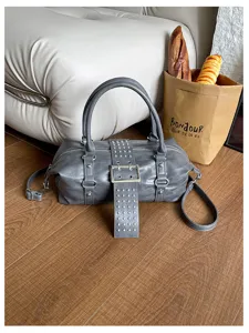 Retro Y2K stijl grijze boston handtas, chique PU lederen schouder- en crossbodytas.