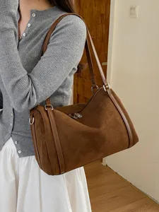 Retro Faux Suede Boston Tas Grote Capaciteit Schoudertas Vrouwen Vintage Kussen Crossbody Tas Casual Dagelijkse Satchel Handtas