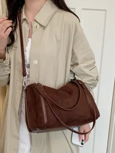 Bruine Suede Boston Schoudertas Grote Capaciteit Casual Crossbody Bowling Tas voor Dames