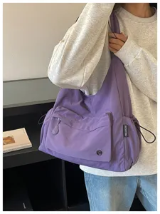 Borsa a tracolla in tela viola minimalista casual, grande borsa hobo per donna tutti i giorni.