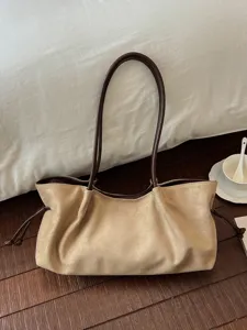 Koreaanse Minimalistische Suède Stof Draagtas Grote Capaciteit Retro Trekkoord Oksel Schoudertas Voor Vrouwen Casual Dagelijks Woon-werkverkeer Handtas