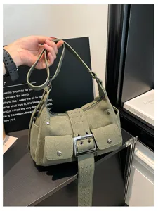 Retro vintage groene schoudertas voor dames, stijlvolle casual crossbody tas met zakken.