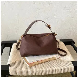 Retro bruine suède schoudertas, casual handtas voor dames met handige metalen ritssluiting.