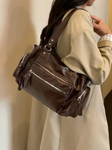 Retro bruine schoudertas met meerdere vakken voor vrouwen, stijlvolle vintage tas.
