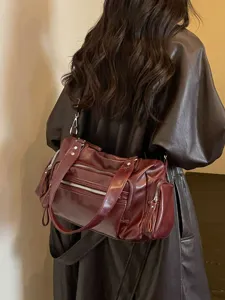 Stijlvolle vintage lederen schoudertas voor vrouwen, grote capaciteit multi-pocket tas.