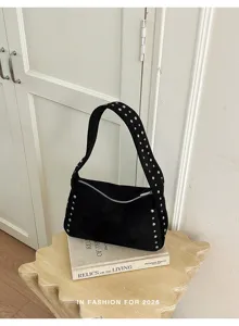 Schwarze vintage Nieten Schultertasche für Damen, schicke Punk Stil Hobo Achseltasche Nieten.
