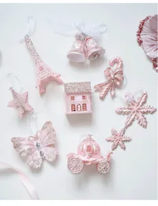 Pink glitter Christmas tree hanging ornaments set, cute acrylic decor details for holiday.