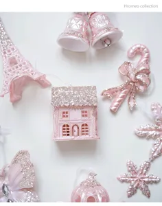 Pink glitter Christmas tree hanging ornaments set, cute acrylic holiday decor detail view.